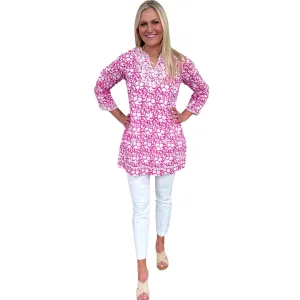 The Key Biscayne Embroidered Hand Blocked Cover-Up Tunic in Pink and White